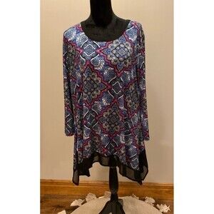 Cato Plus Top Blouse Size XL Blue Magenta Pattern Scarf Hem Stretchy Round Neck